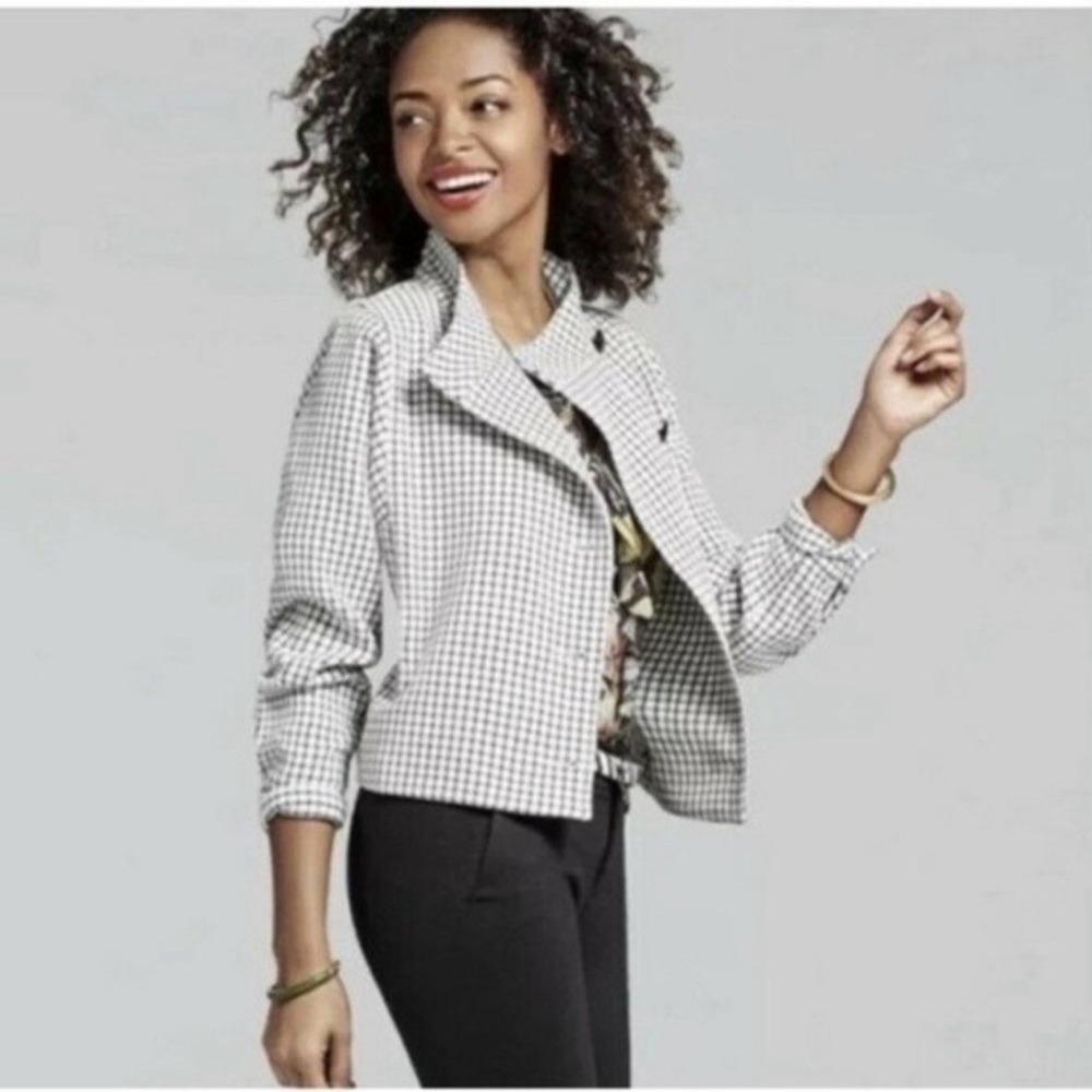 Cabi | 3173 Windowpane Jacket Black Funnel Neck 3/4 Sleeves Button Up size Med